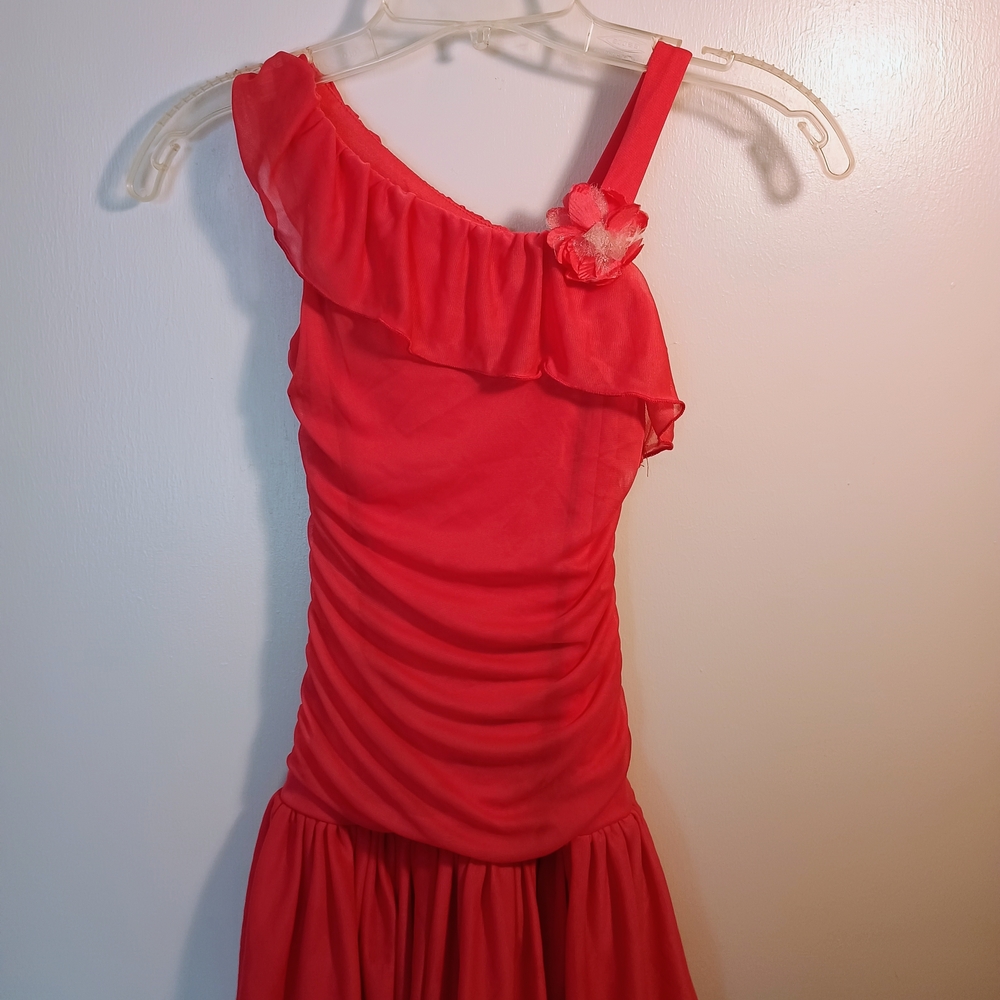 One-Shoulder Red Dress with Floral Accent